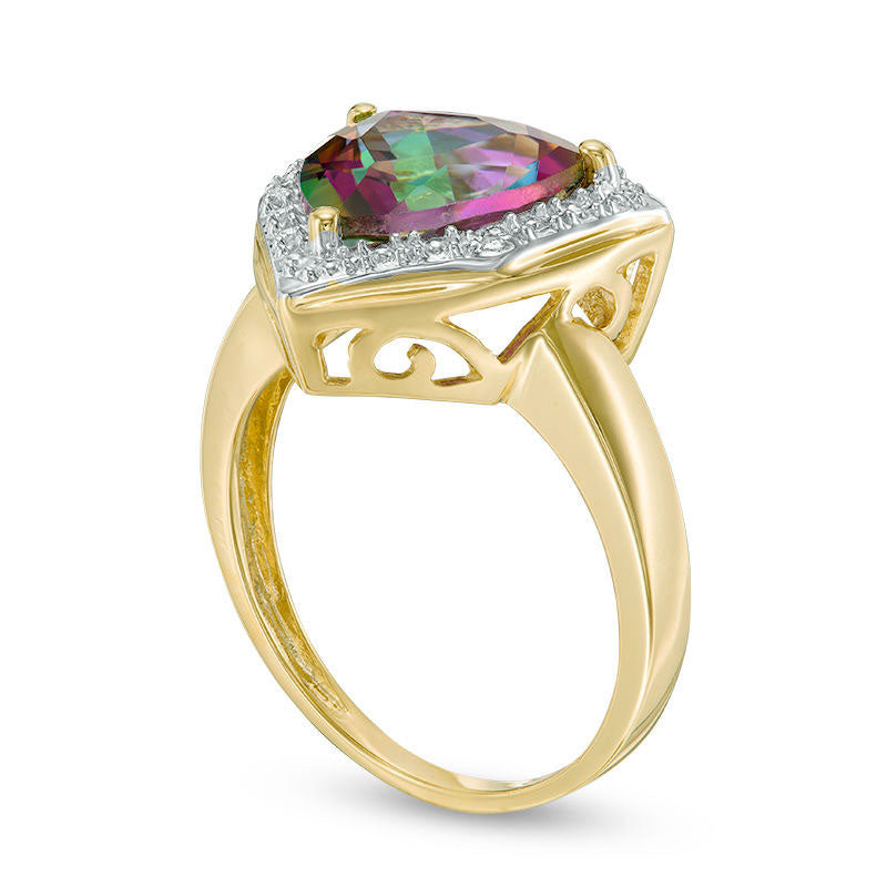 10.0mm Trillion-Cut Mystic Fire« Topaz and Natural Diamond Accent Frame Ring in Solid 10K Yellow Gold