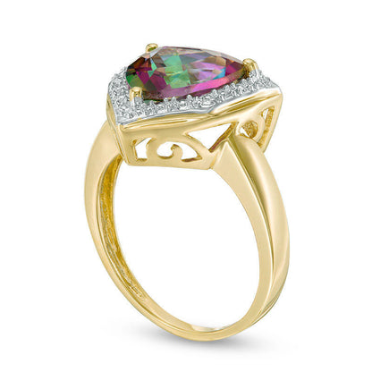 10.0mm Trillion-Cut Mystic Fire« Topaz and Natural Diamond Accent Frame Ring in Solid 10K Yellow Gold