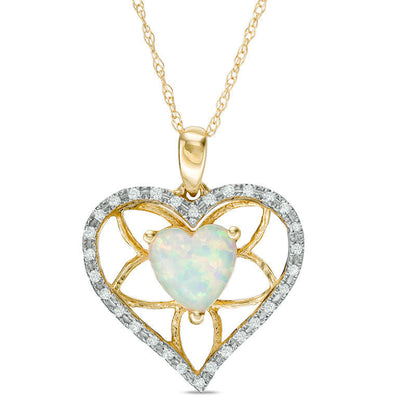 7.0mm Heart-Shaped Lab-Created Opal and 0.13 CT. T.W. Diamond Floral Heart Pendant in 10K Yellow Gold