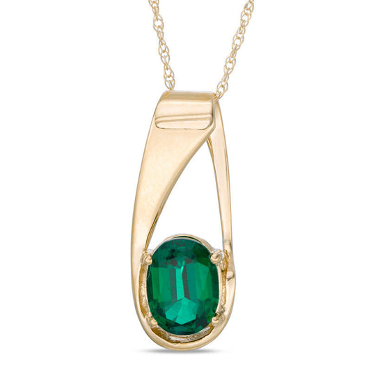 Oval Lab-Created Emerald Pendant in 10K Yellow Gold