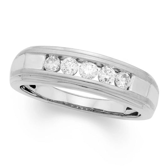 MenÆs 0.50 CT. T.W. Certified Natural Diamond Five Stone Wedding Band in Solid 14K White Gold (I/I2)