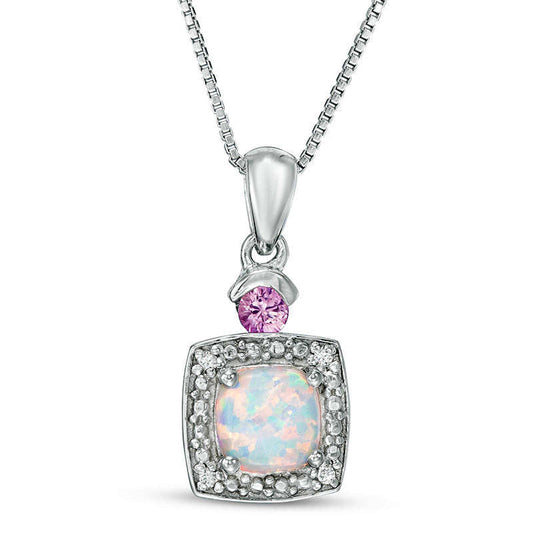 6.0mm Cushion-Cut Lab-Created Opal, Pink Sapphire and Diamond Accent Frame Pendant in Sterling Silver