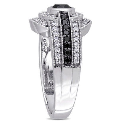 1.0 CT. T.W. Enhanced Black and White Natural Diamond Double Frame Three Row Engagement Ring in Solid 14K White Gold