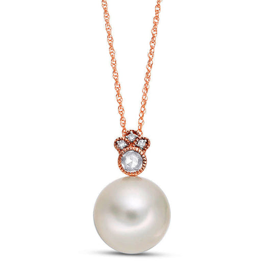 Cultured Freshwater Pearl, White Sapphire and Natural Diamond Accent Antique Vintage-Style Pendant in 10K Rose Gold - 17"