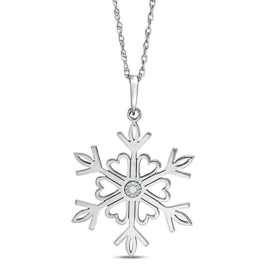 Natural Clarity Enhanced Accent Solitaire Laser-Cut Heart Snowflake Pendant in 10K White Gold