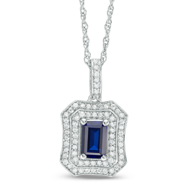 Emerald-Cut Lab-Created Blue and White Sapphire Double Frame Antique Vintage-Style Pendant in Sterling Silver