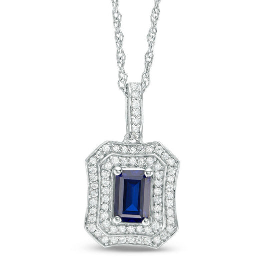 Emerald-Cut Lab-Created Blue and White Sapphire Double Frame Antique Vintage-Style Pendant in Sterling Silver