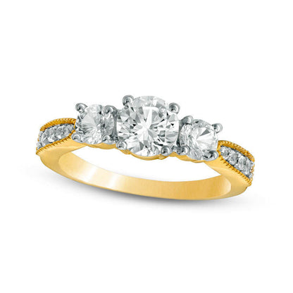 Lab-Created White Sapphire Three Stone Engagement Ring in Solid 10K Yellow Gold