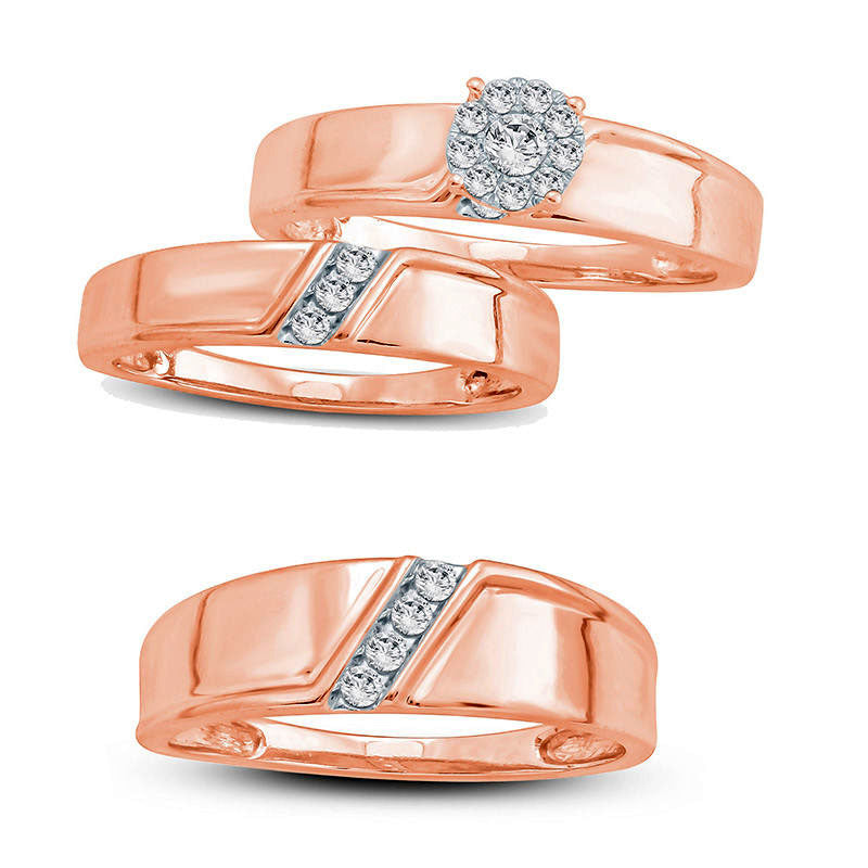 Ladies' 0.05 CT. T.W. Natural Diamond Three Stone Slant Wedding Band in Solid 10K Rose Gold