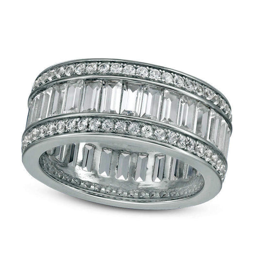 Emerald-Cut and Round Lab-Created White Sapphire Triple Row Band in Sterling Silver