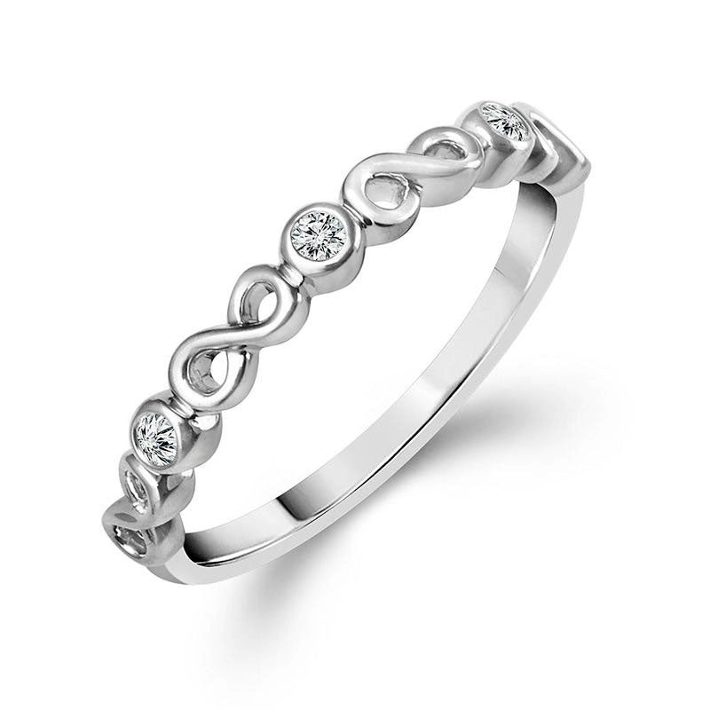 0.05 CT. T.W. Natural Diamond Three Stone Alternating Infinity Stackable Band in Solid 10K White Gold