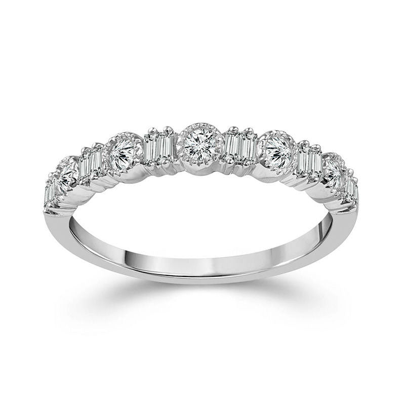 0.25 CT. T.W. Baguette and Round Natural Diamond Alternating Antique Vintage-Style Stackable Band in Solid 10K White Gold