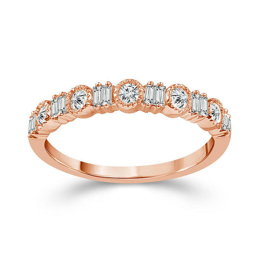 0.25 CT. T.W. Baguette and Round Natural Diamond Alternating Antique Vintage-Style Stackable Band in Solid 10K Rose Gold