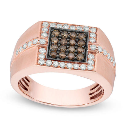 Men's 1.0 CT. T.W. Composite Champagne and White Natural Diamond Frame Signet Ring in Solid 10K Rose Gold