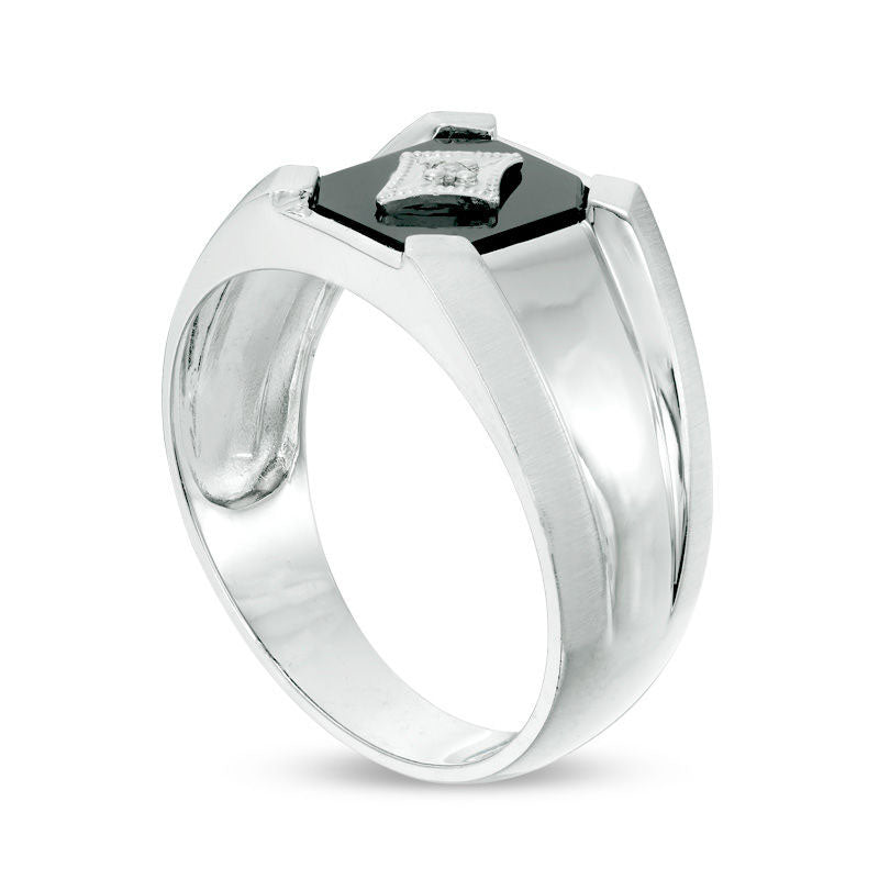 Men's Octagon Onyx and Natural Diamond Accent Antique Vintage-Style Signet Ring in Solid 10K White Gold