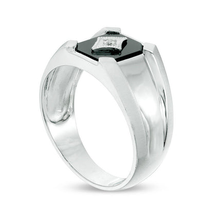 Men's Octagon Onyx and Natural Diamond Accent Antique Vintage-Style Signet Ring in Solid 10K White Gold