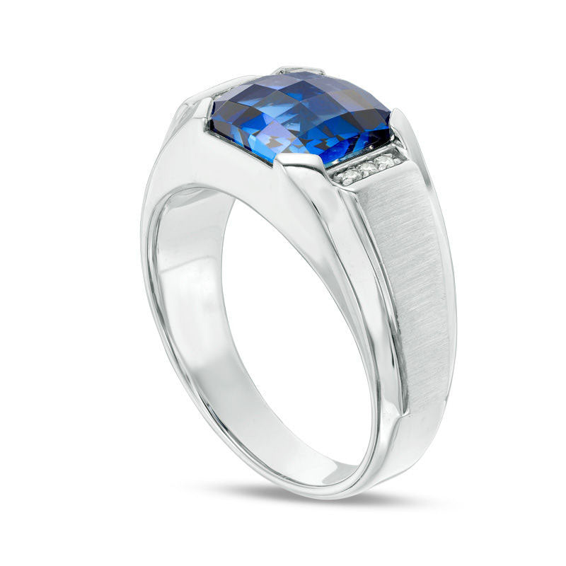 Men's 9.0mm Cushion-Cut Lab-Created Blue Sapphire and 0.05 CT. T.W. Diamond Signet Ring in Sterling Silver