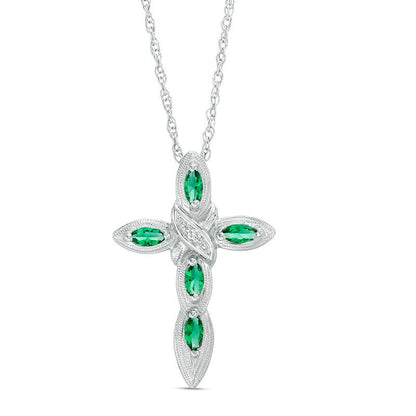Marquise Lab-Created Emerald and Diamond Accent "X" Antique Vintage-Style Cross Pendant in Sterling Silver