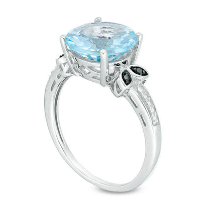 10.0mm Sky Blue Topaz and Enhanced Black Natural Diamond Accent Leaf Beaded Shank Ring in Sterling Silver