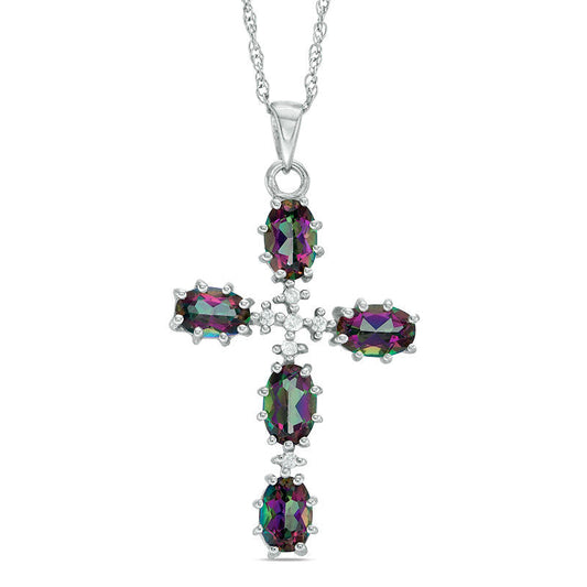 Oval Mystic Fire« Topaz and 0.05 CT. T.W. Natural Diamond Cross Pendant in Sterling Silver