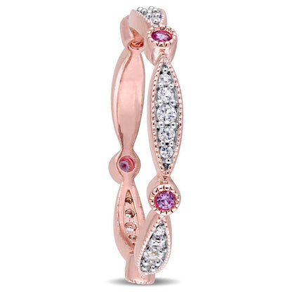 Lab-Created Pink and White Sapphire Antique Vintage-Style Band in Sterling Silver with Rose Rhodium