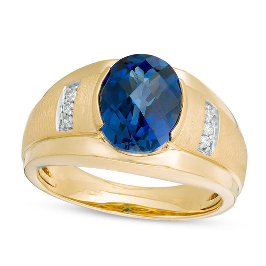 Men's Oval Lab-Created Blue Sapphire and 0.05 CT. T.W. Diamond Collar Ring in Solid 10K Yellow Gold