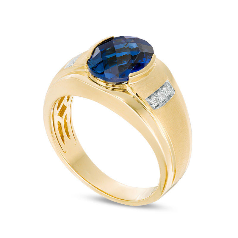 Men's Oval Lab-Created Blue Sapphire and 0.05 CT. T.W. Diamond Collar Ring in Solid 10K Yellow Gold