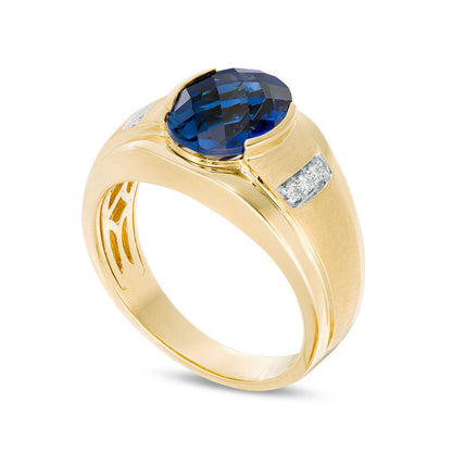 Men's Oval Lab-Created Blue Sapphire and 0.05 CT. T.W. Diamond Collar Ring in Solid 10K Yellow Gold