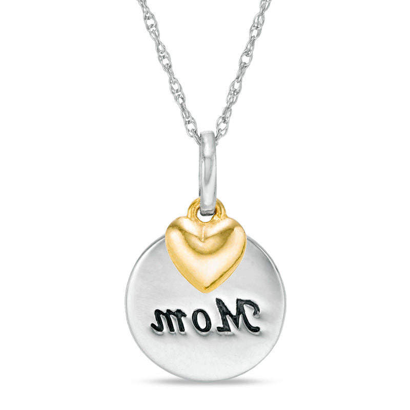 Mom Round Disc Pendant with Puffed Heart Charm in 10K Two-Tone Gold