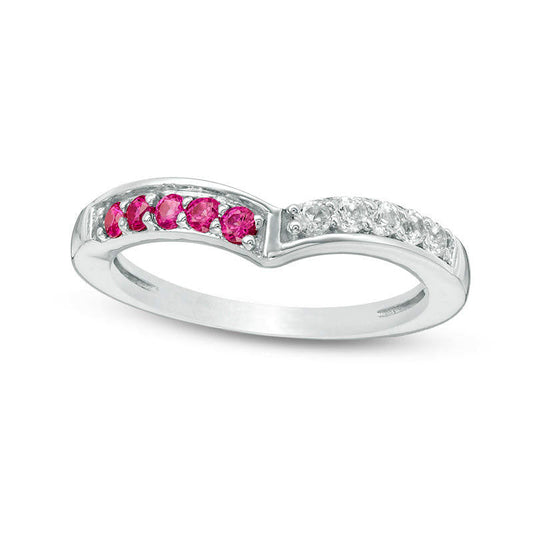 Lab-Created Ruby and White Sapphire Chevron Band in Sterling Silver