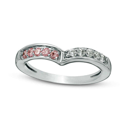 Lab-Created Pink and White Sapphire Chevron Band in Sterling Silver