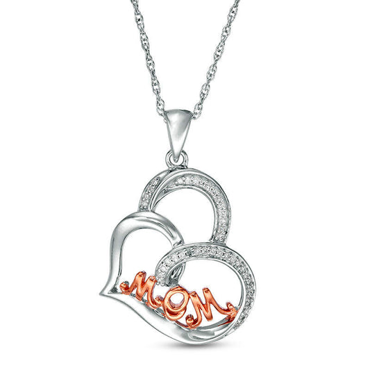 0.1 CT. T.W. Natural Diamond "MOM" Tilted Heart Pendant in Sterling Silver with 14K Rose Gold Plate