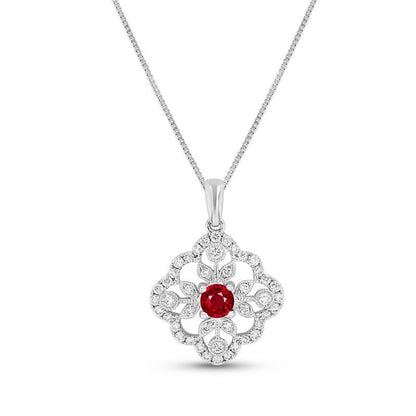 Ruby and 0.33 CT. T.W. Natural Diamond Ornate Floral Pendant in 14K White Gold