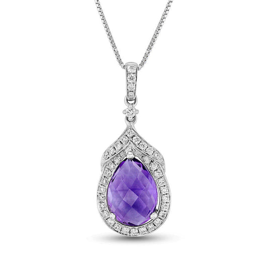 Pear-Shaped Amethyst and 0.25 CT. T.W. Natural Diamond Frame Pendant in 14K White Gold