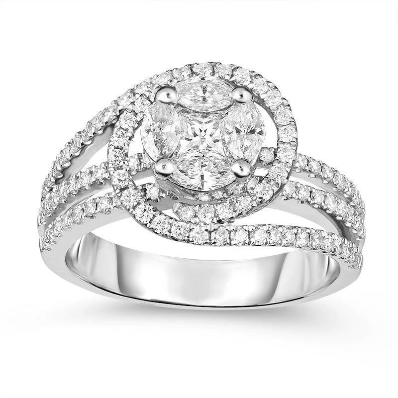 1.0 CT. T.W. Marquise and Princess-Cut Composite Natural Diamond Swirl Bypass Frame Engagement Ring in Solid 14K White Gold