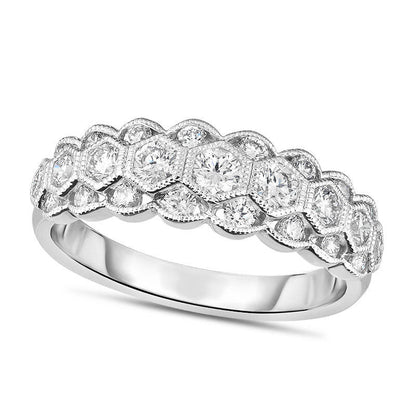 0.75 CT. T.W. Natural Diamond Hexagon Frame Antique Vintage Style Scallop Edge Band in Solid 14K White Gold