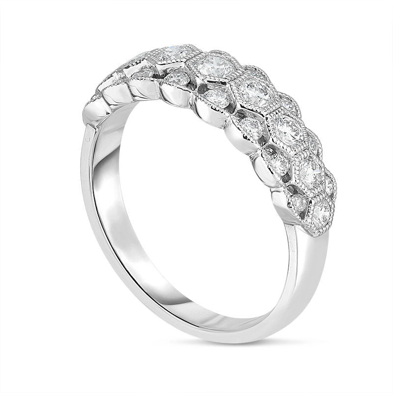 0.75 CT. T.W. Natural Diamond Hexagon Frame Antique Vintage Style Scallop Edge Band in Solid 14K White Gold