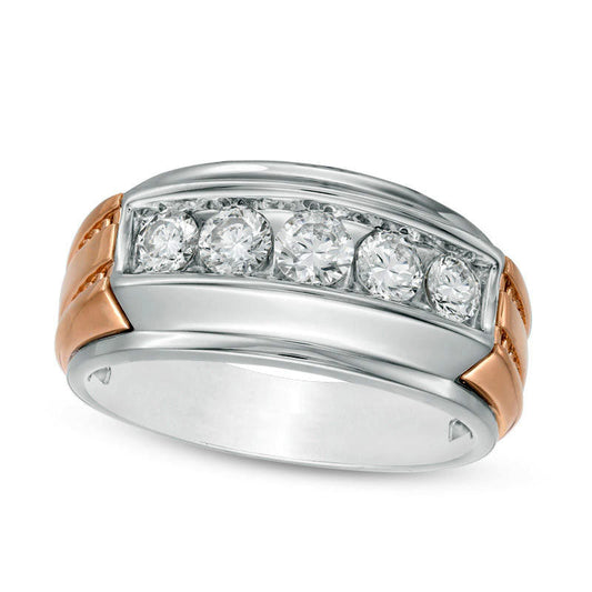 Men's 1.0 CT. T.W. Natural Diamond Five Stone Ridged Wedding Band in Solid 14K Two-Tone Gold