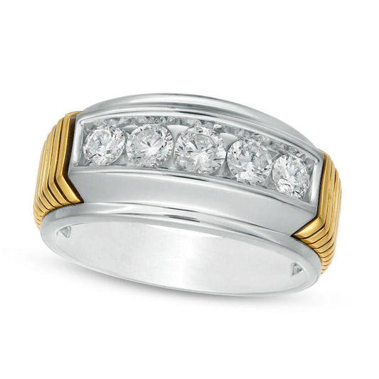Men's 1.0 CT. T.W. Natural Diamond Five Stone Yellow Ribbed Wedding Band in Solid 14K Two-Tone Gold