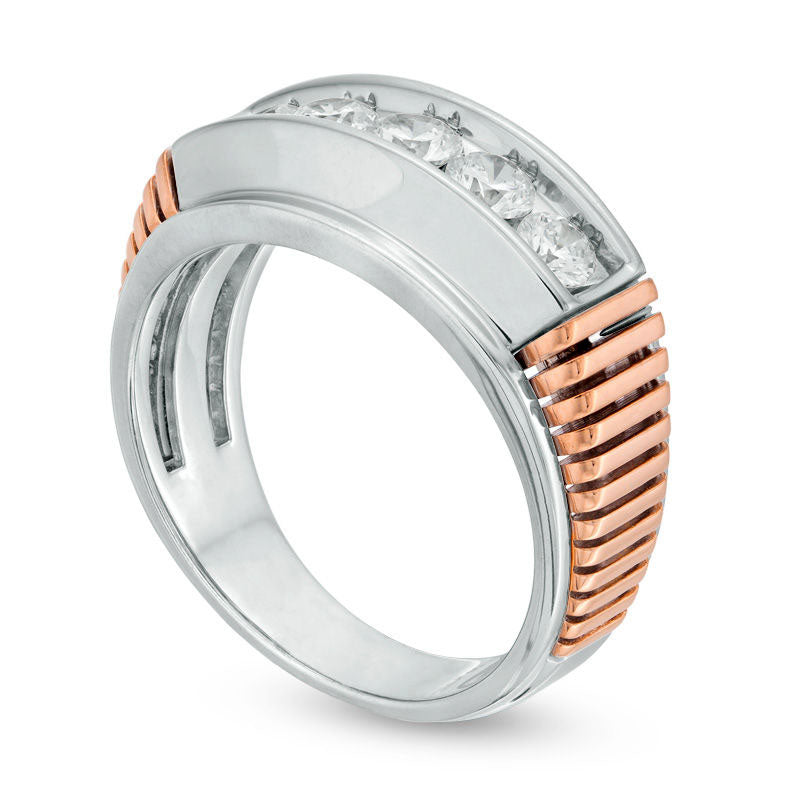 Men's 1.0 CT. T.W. Natural Diamond Five Stone Rose Ribbed Wedding Band in Solid 14K Two-Tone Gold