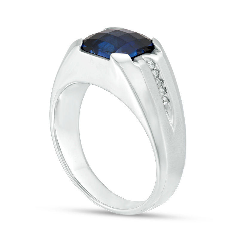 Men's Cushion-Cut Lab-Created Blue Sapphire and 0.05 CT. T.W. Diamond Ring in Sterling Silver