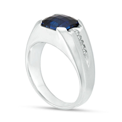 Men's Cushion-Cut Lab-Created Blue Sapphire and 0.05 CT. T.W. Diamond Ring in Sterling Silver