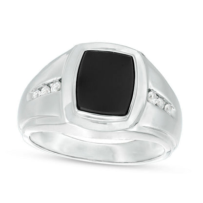 Men's Barrel-Shaped Onyx and 0.13 CT. T.W. Natural Diamond Signet Ring in Sterling Silver