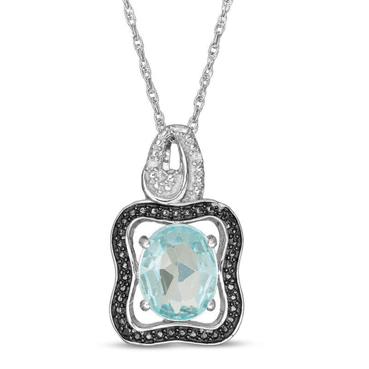 Oval Blue Topaz and Enhanced Black and White Natural Diamond Accent Bead Frame Art Deco Pendant in Sterling Silver