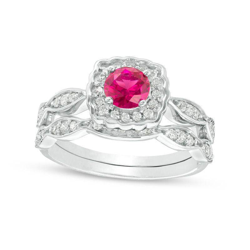 5.0mm Lab-Created Ruby and 0.38 CT. T.W. Diamond Square Scallop Frame Bridal Engagement Ring Set in Solid 10K White Gold