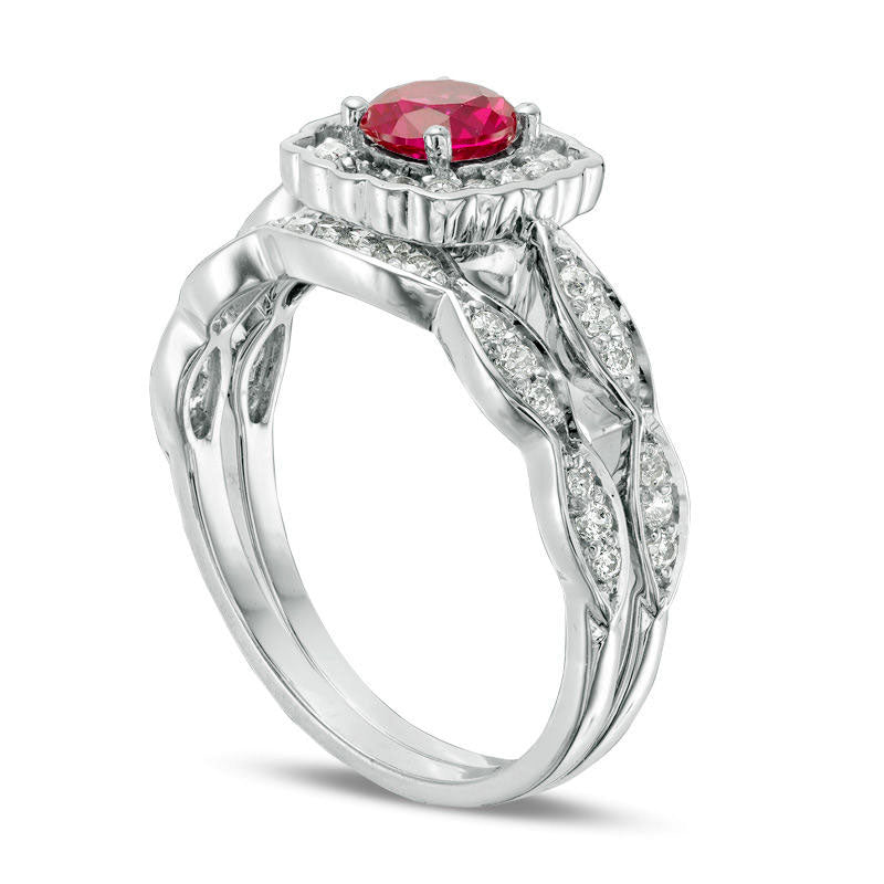 5.0mm Lab-Created Ruby and 0.38 CT. T.W. Diamond Square Scallop Frame Bridal Engagement Ring Set in Solid 10K White Gold