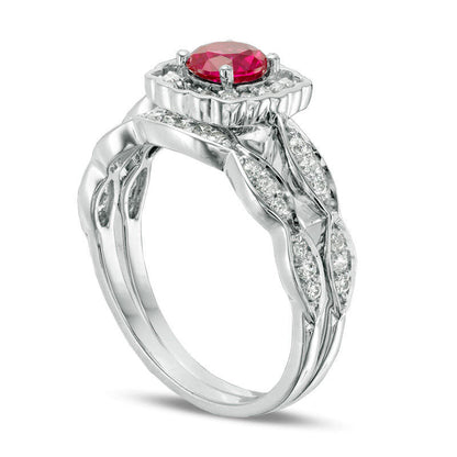 5.0mm Lab-Created Ruby and 0.38 CT. T.W. Diamond Square Scallop Frame Bridal Engagement Ring Set in Solid 10K White Gold