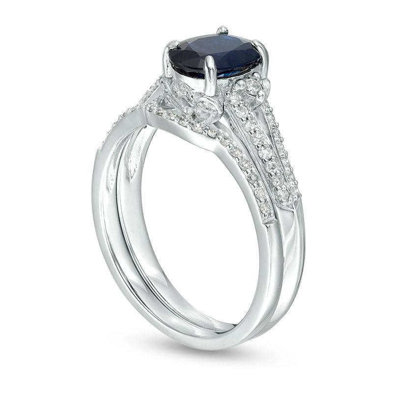 Oval Blue Sapphire and 0.33 CT. T.W. Natural Diamond Bridal Engagement Ring Set in Solid 14K White Gold