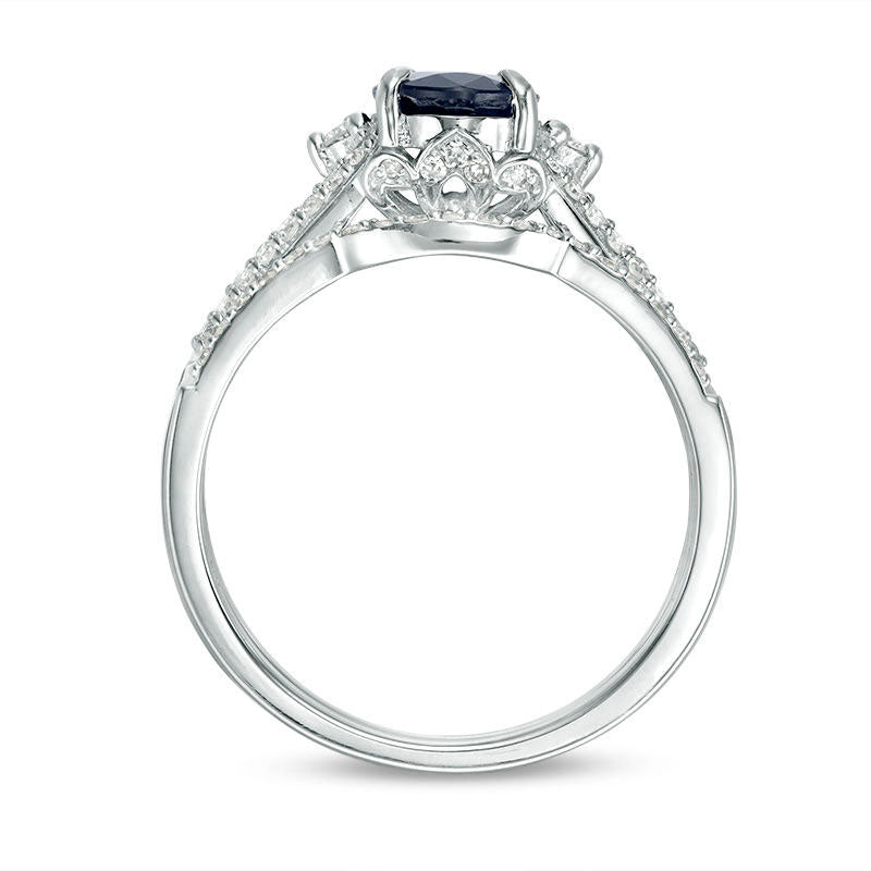 Oval Blue Sapphire and 0.33 CT. T.W. Natural Diamond Bridal Engagement Ring Set in Solid 14K White Gold
