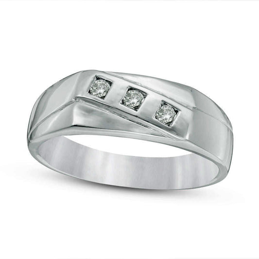 Men's 0.13 CT. T.W. Natural Diamond Three Stone Slant Band in Sterling Silver